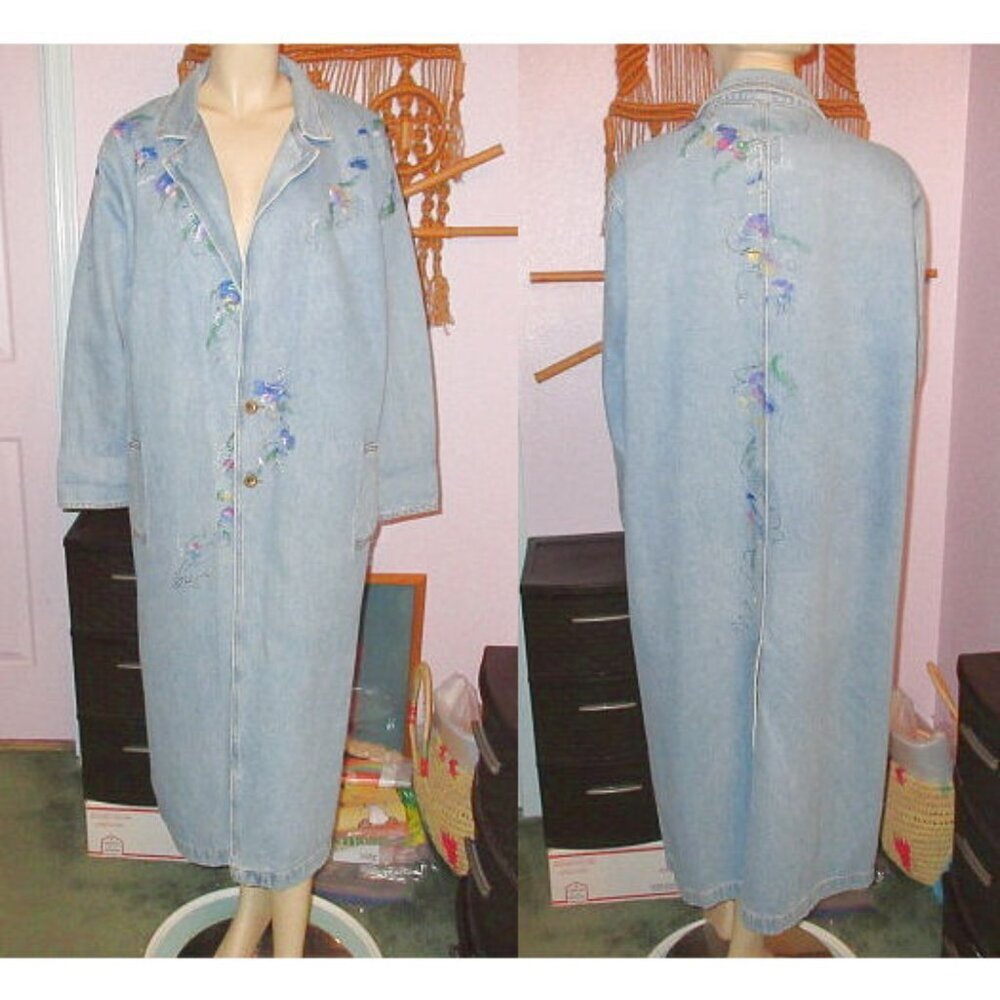 Vtg Sun Belt Denim Trench Coat Size L Duster Hand Painted Art Western Boho 70s